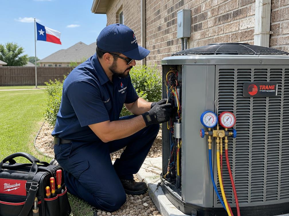 Technician servicing an outdoor AC unit